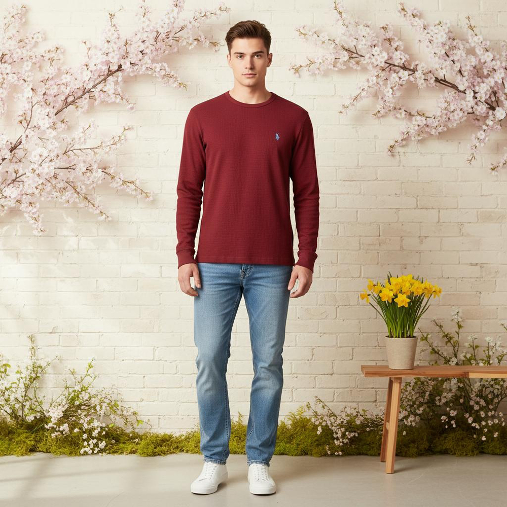 Men's U.S. Polo Assn. Burgundy Long Sleeve Thermal Tee M with Light Blue Logo